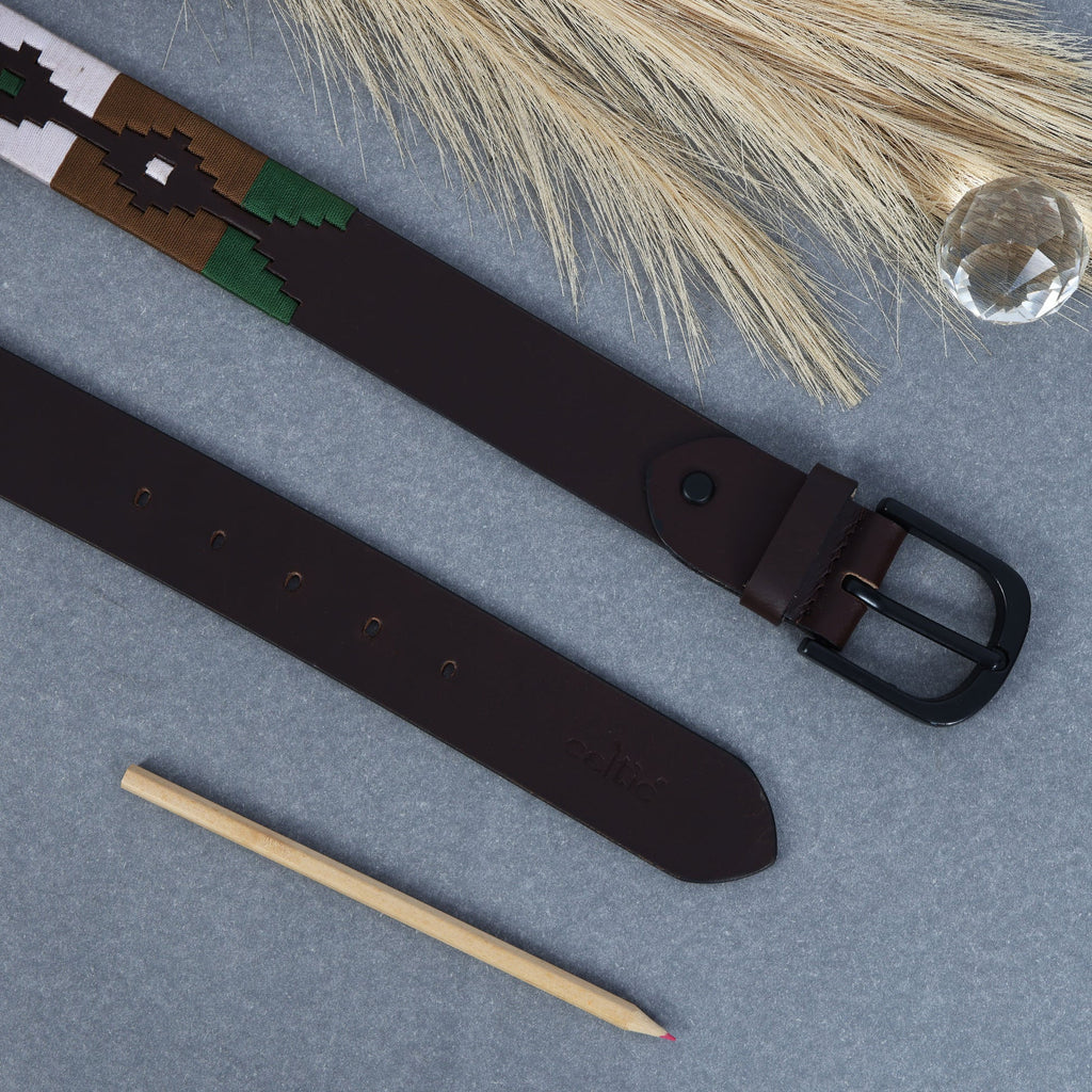 Unisex Handcrafted Genuine Leather Belt With Woven Ethnic Pattern And Matte Metal Buckle