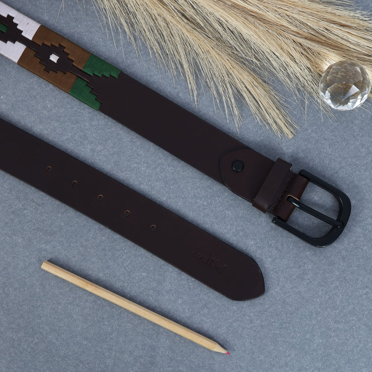 Unisex Handcrafted Genuine Leather Belt With Woven Ethnic Pattern And Matte Metal Buckle