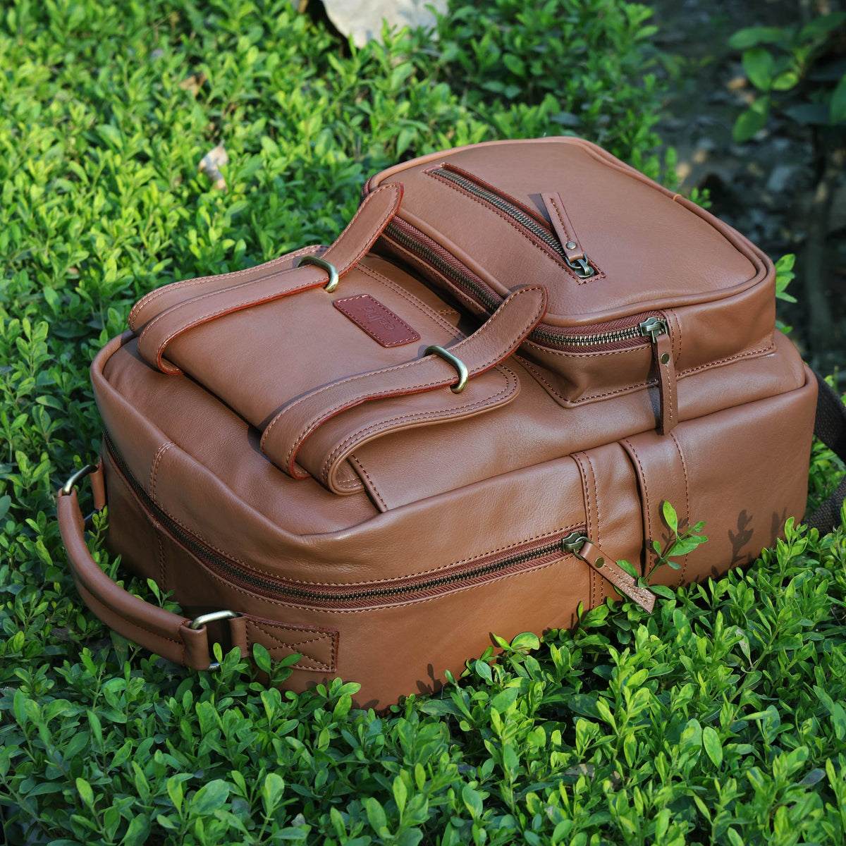 Premium Full-Grain Leather Backpack with Laptop Compartment & Multiple Zip Pockets