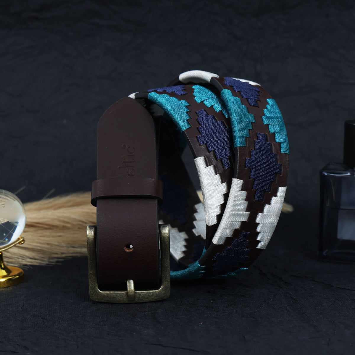 Unisex Handcrafted Woven Leather Belt With Geometric Pattern And Antique Buckle Design