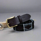 Unisex Handcrafted Brown Leather Belt With Grey Woven Inlay And Vintage Brass Buckle