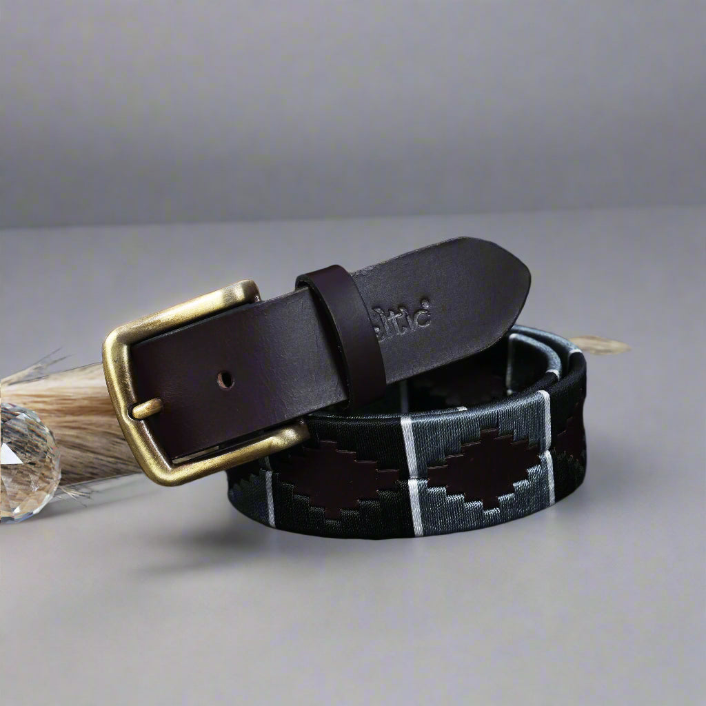Unisex Handcrafted Brown Leather Belt With Grey Woven Inlay And Vintage Brass Buckle