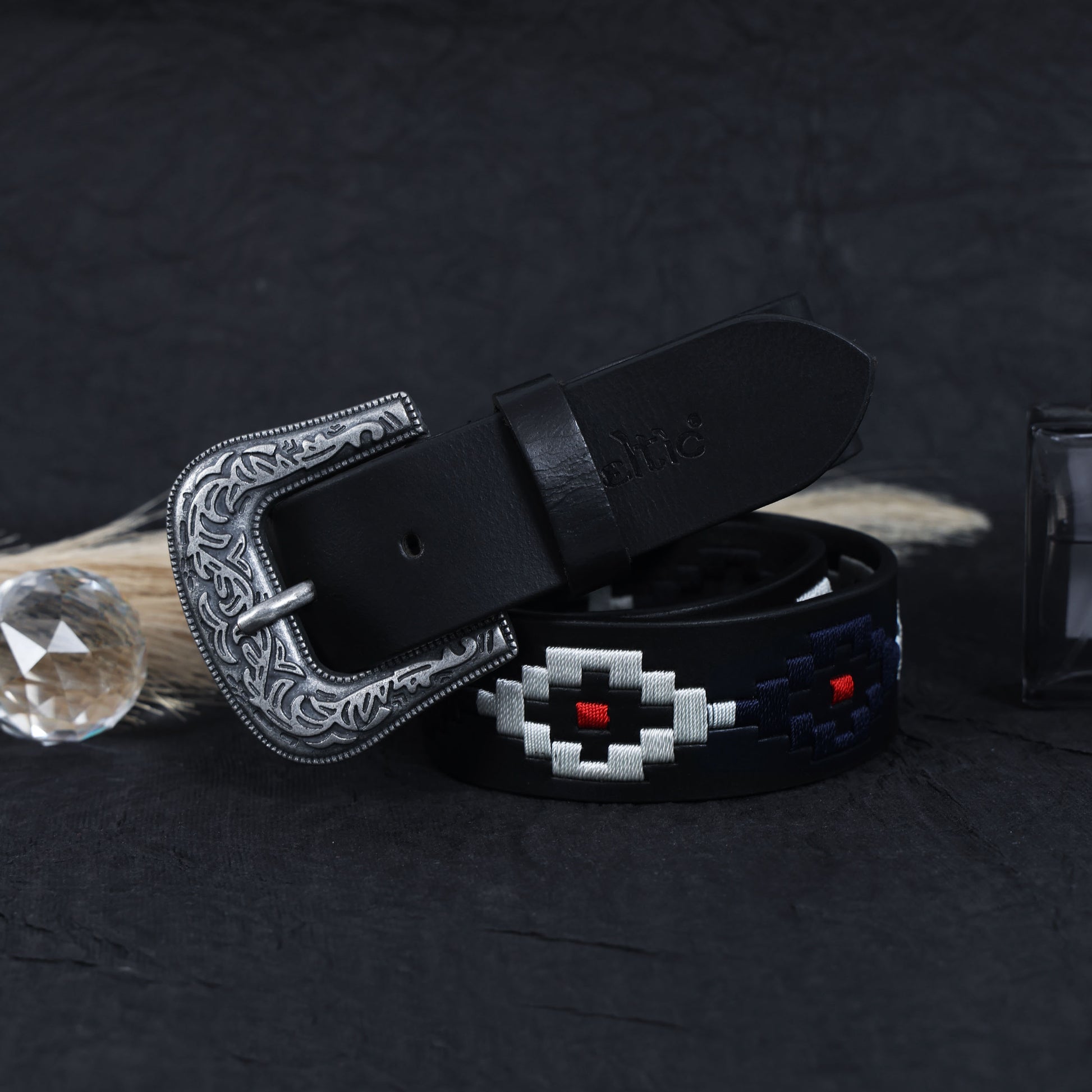 Unisex Handcrafted Black Leather Belt Aztec Pattern Antique Buckle Premium Artisan Accessory