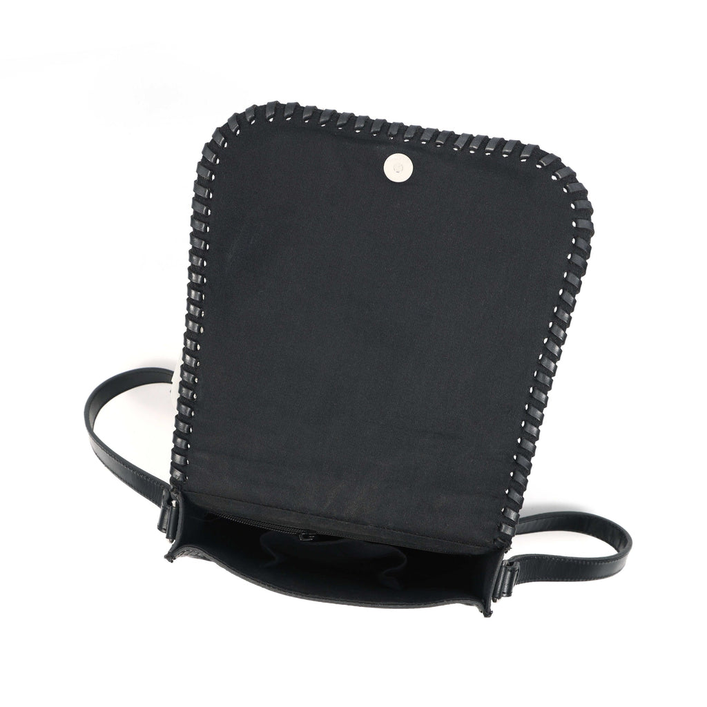 Handcrafted Black Embossed Leather Sling Bag with Magnetic Closure & Adjustable Strap