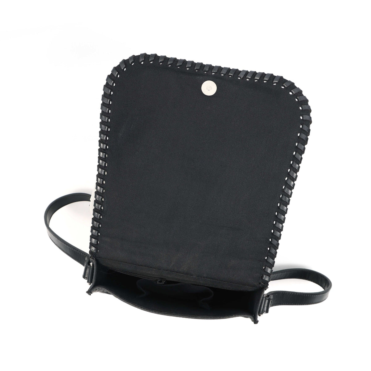 Handcrafted Black Embossed Leather Sling Bag with Magnetic Closure & Adjustable Strap