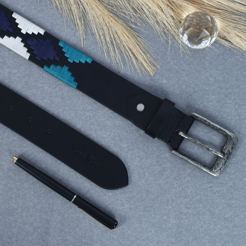 Unisex Handcrafted Leather Belt With Geometric Woven Panel And Vintage Metal Buckle