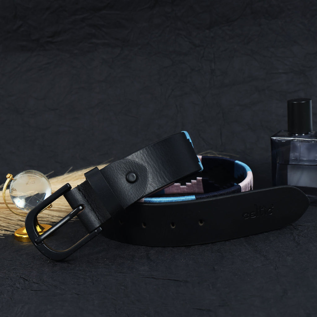 Unisex Handcrafted Leather Belt With Geometric Woven Fabric Accent And Vintage Metal Buckle