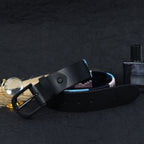 Unisex Handcrafted Leather Belt With Geometric Woven Fabric Accent And Vintage Metal Buckle