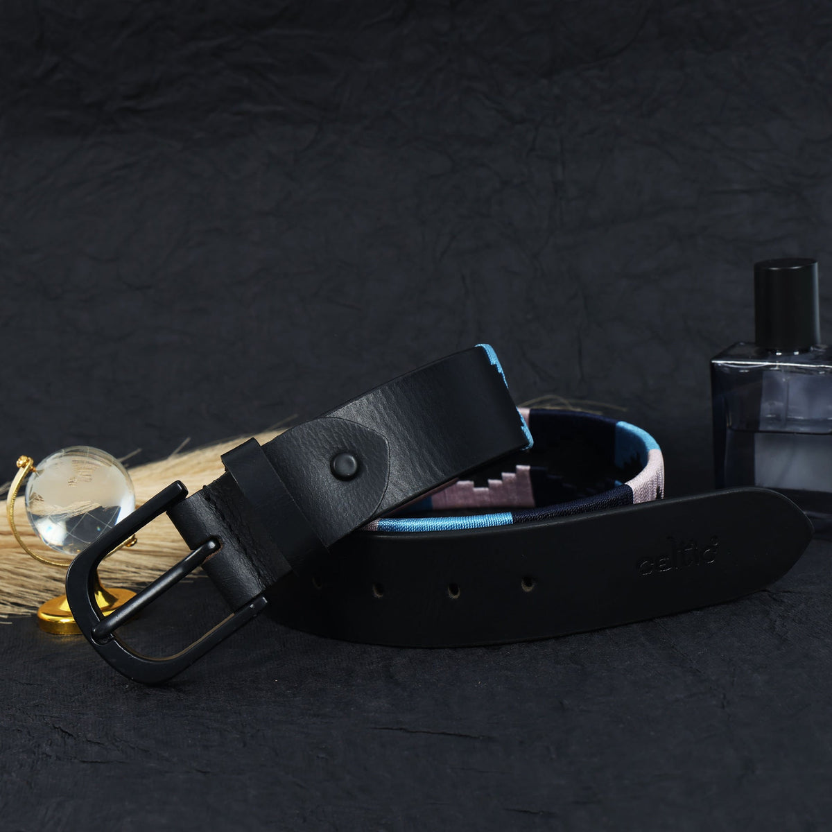 Unisex Handcrafted Leather Belt With Geometric Woven Fabric Accent And Vintage Metal Buckle