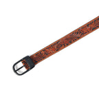 Unisex Genuine Leather Brown Floral Tooled Western Waistbelt Matte Black Buckle