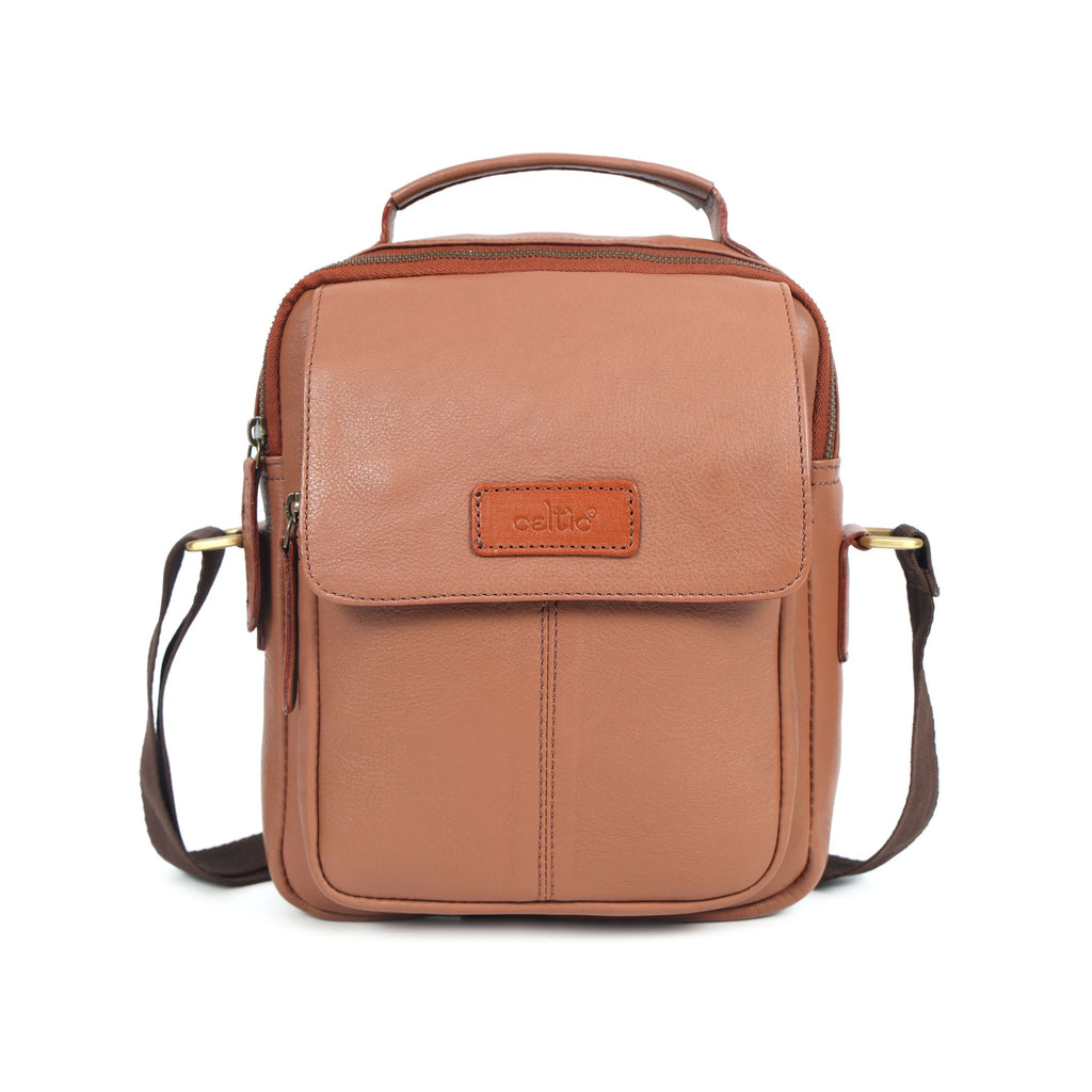 Unisex Leather Crossbody Sling Bag with Front Flap Pocket & Adjustable Strap
