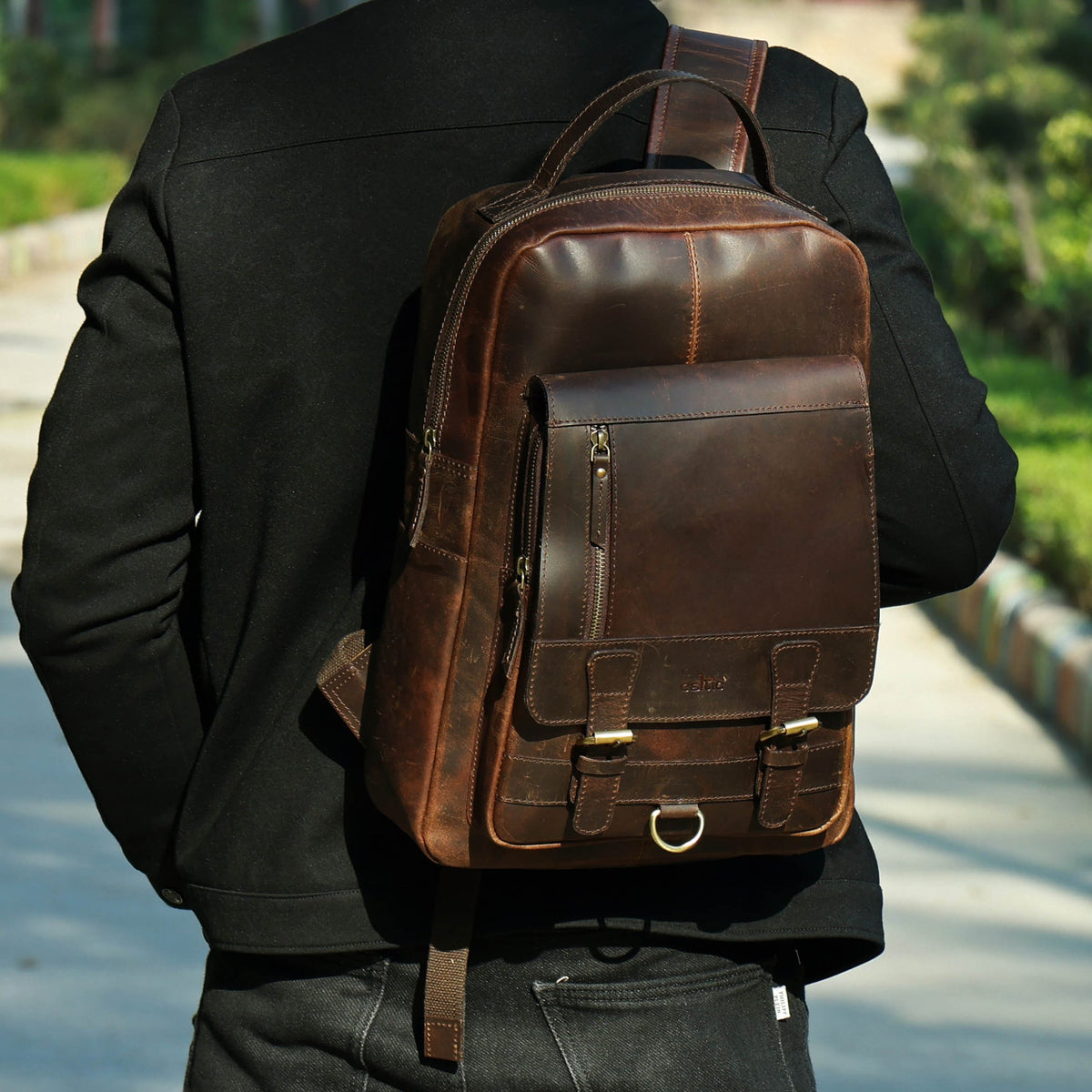Premium Full-Grain Leather Backpack with Front Zip Pocket & Padded Shoulder Straps