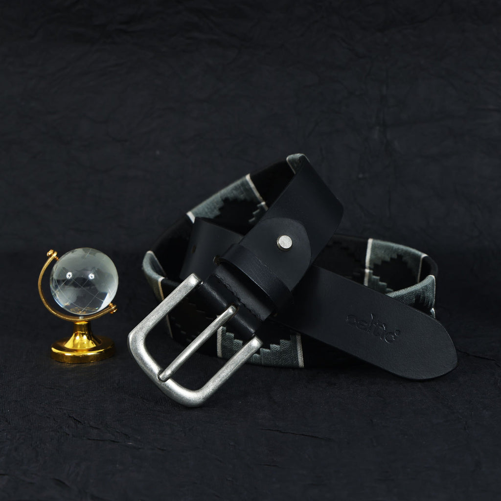 Unisex Handcrafted Black Leather Belt With Geometric Woven Strap And Antique Metal Buckle