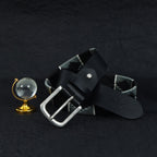 Unisex Handcrafted Black Leather Belt With Geometric Woven Strap And Antique Metal Buckle