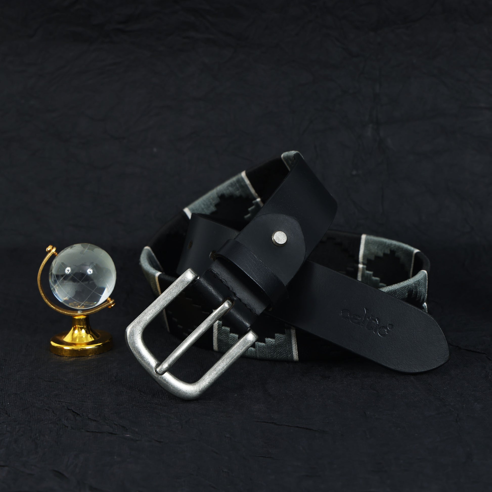 Unisex Handcrafted Black Leather Belt With Geometric Woven Strap And Antique Metal Buckle