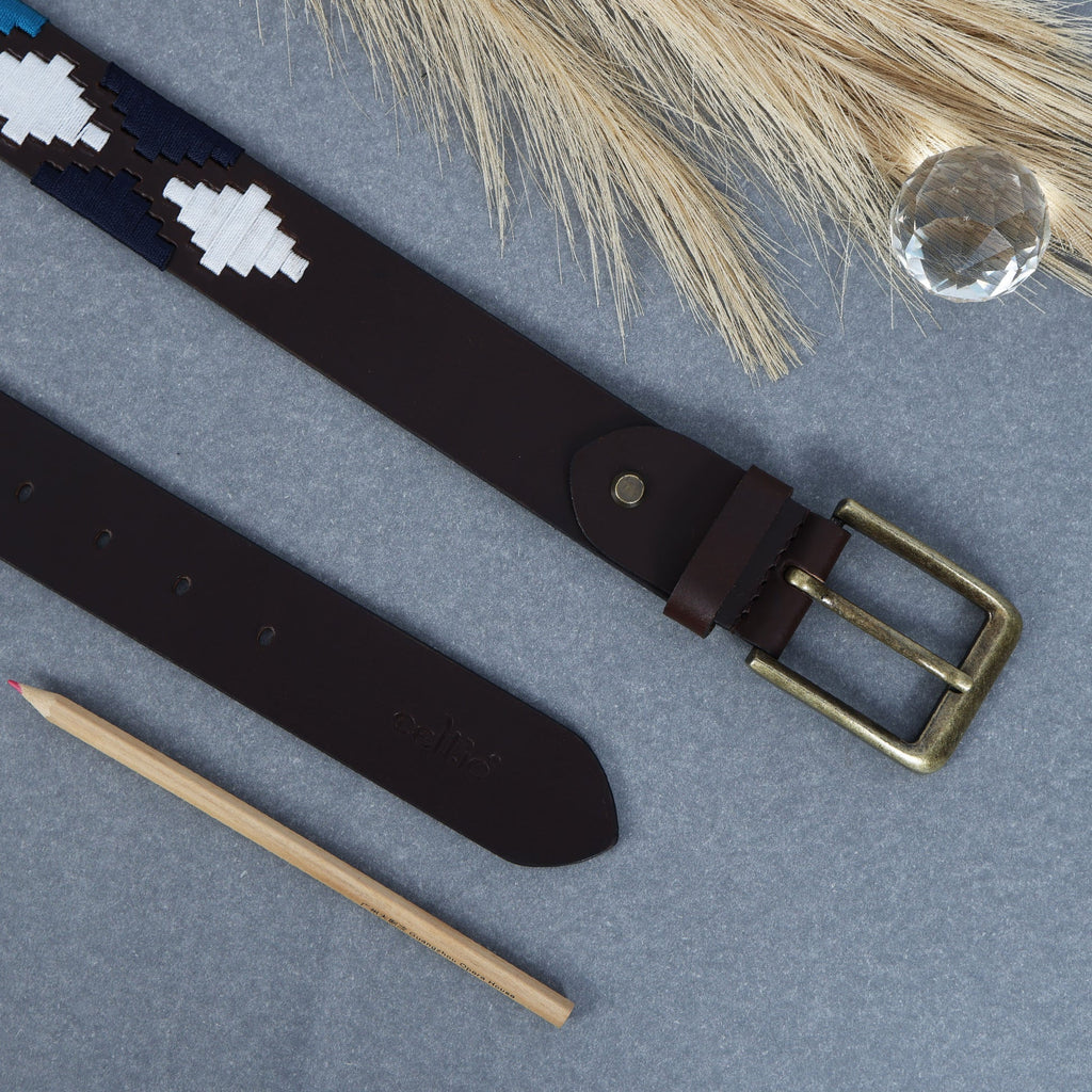 Premium Brown Leather Belt with Golden Buckle & Multi-Color Stitching.