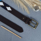 Premium Brown Leather Belt with Golden Buckle & Multi-Color Stitching.