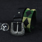 Unisex Handcrafted Leather Belt With Green Geometric Woven Strap Antique Silver Buckle
