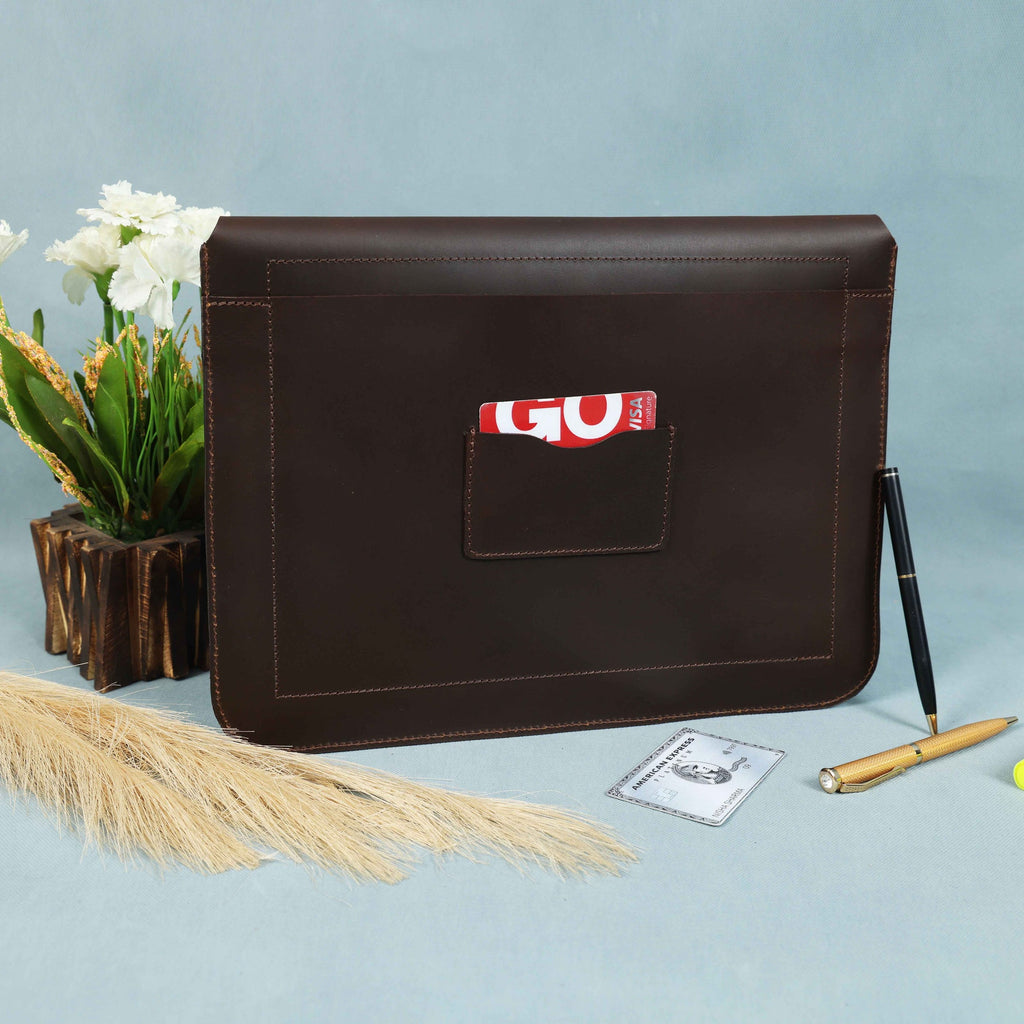 Premium Genuine Leather iPad Sleeve with Magnetic Flap Closure & Soft Suede Lining