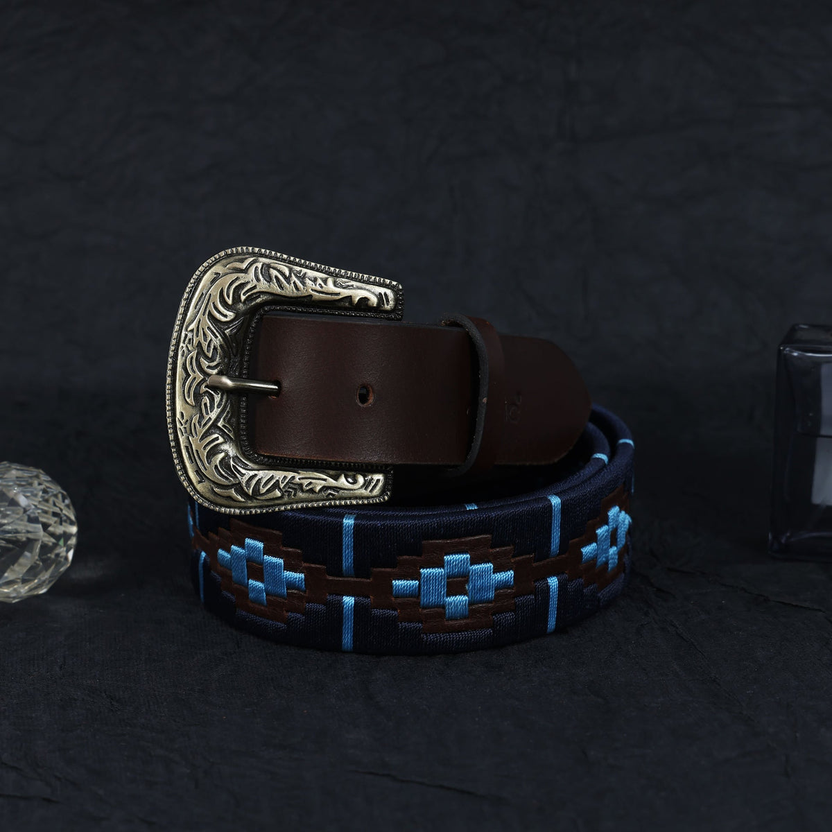 Unisex Handcrafted Leather Belt With Geometric Weave Antique Buckle Casual Wear Accessory.