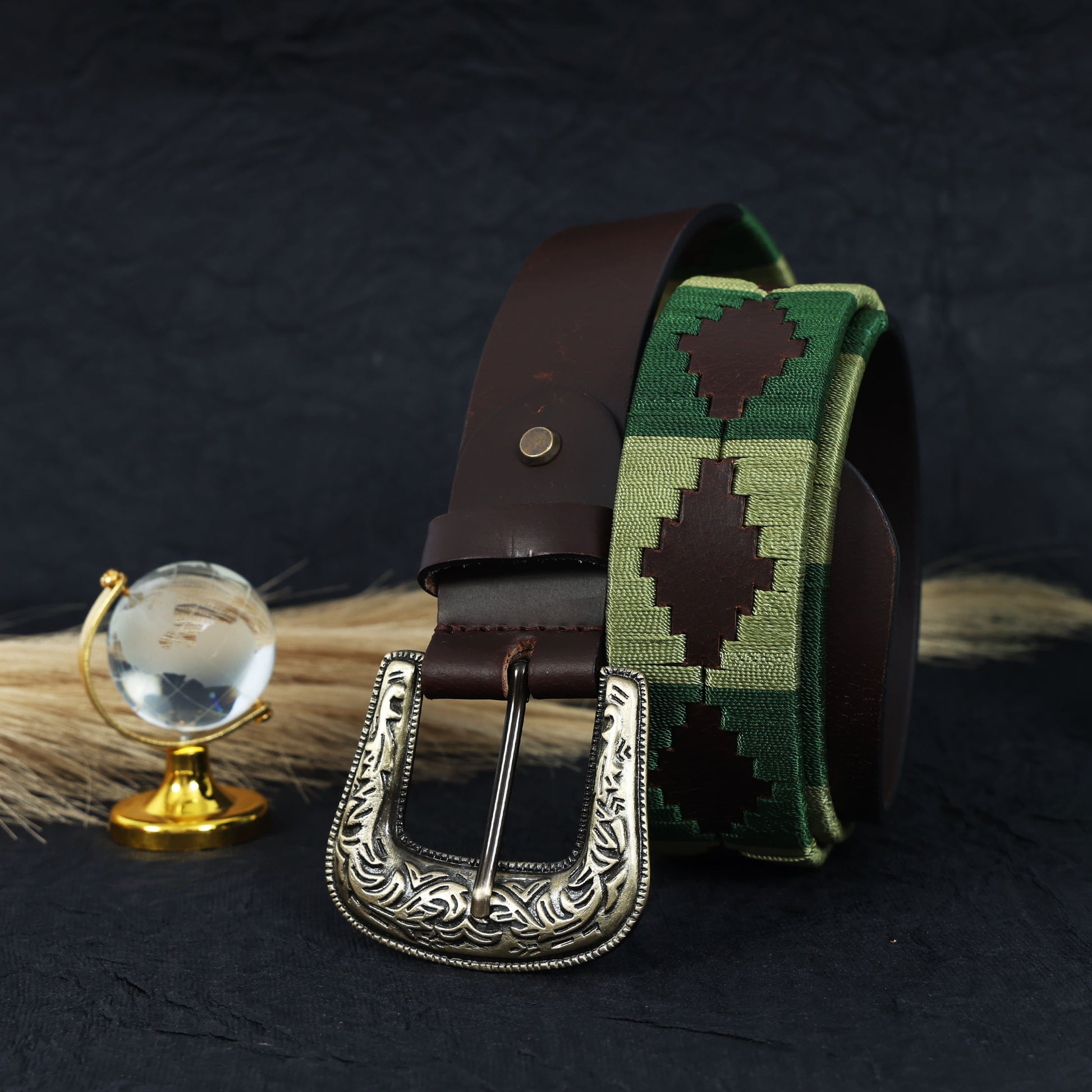 Unisex Handcrafted Leather Woven Green Buckle Artisan Casual Wear Accessory