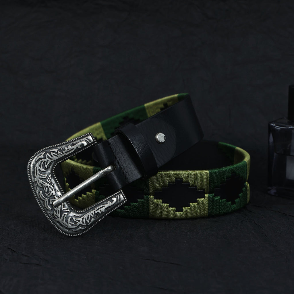 Unisex Handcrafted Leather Belt With Green Geometric Woven Strap Antique Silver Buckle