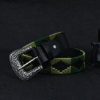 Unisex Handcrafted Leather Belt With Green Geometric Woven Strap Antique Silver Buckle