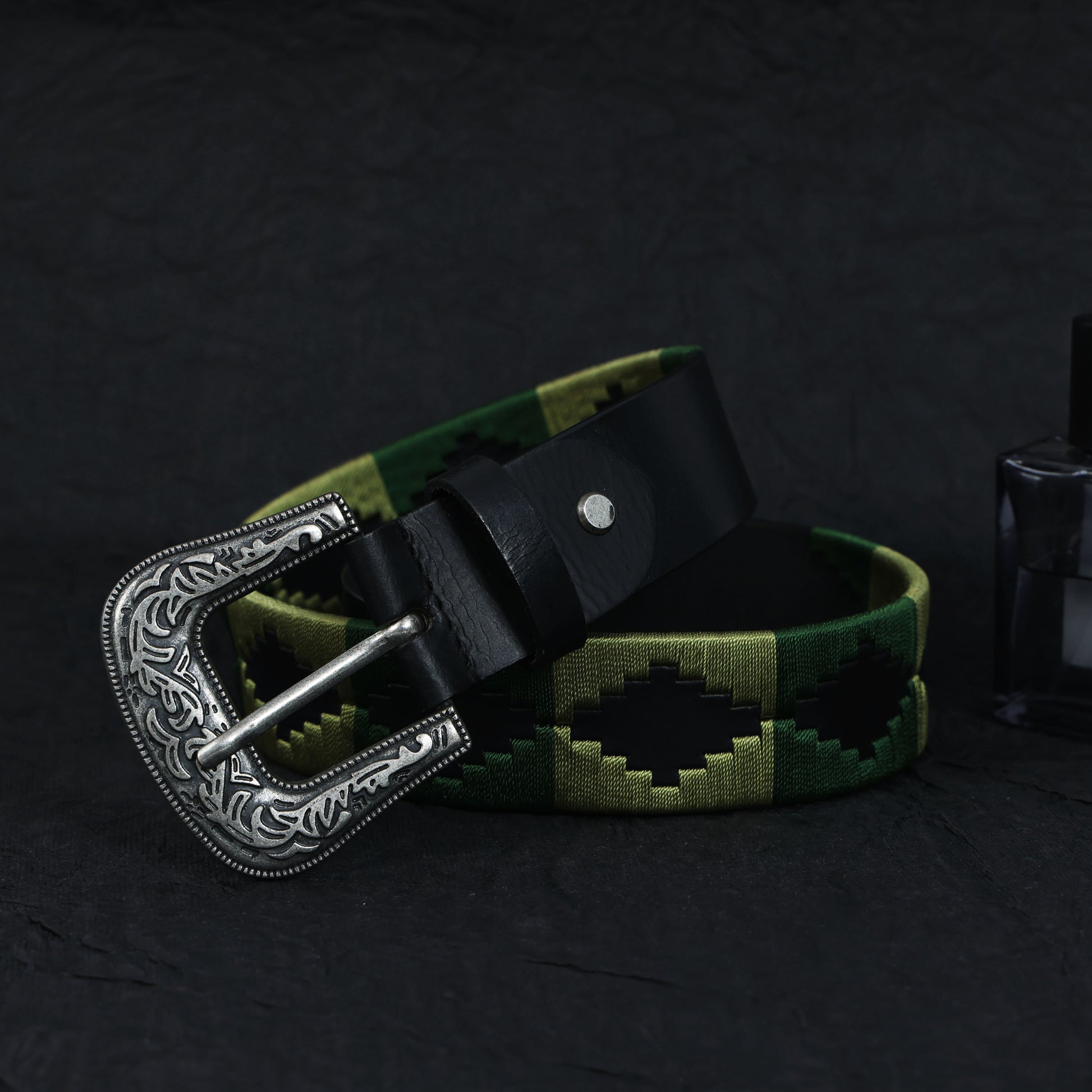 Unisex Handcrafted Leather Belt With Green Geometric Woven Strap Antique Silver Buckle