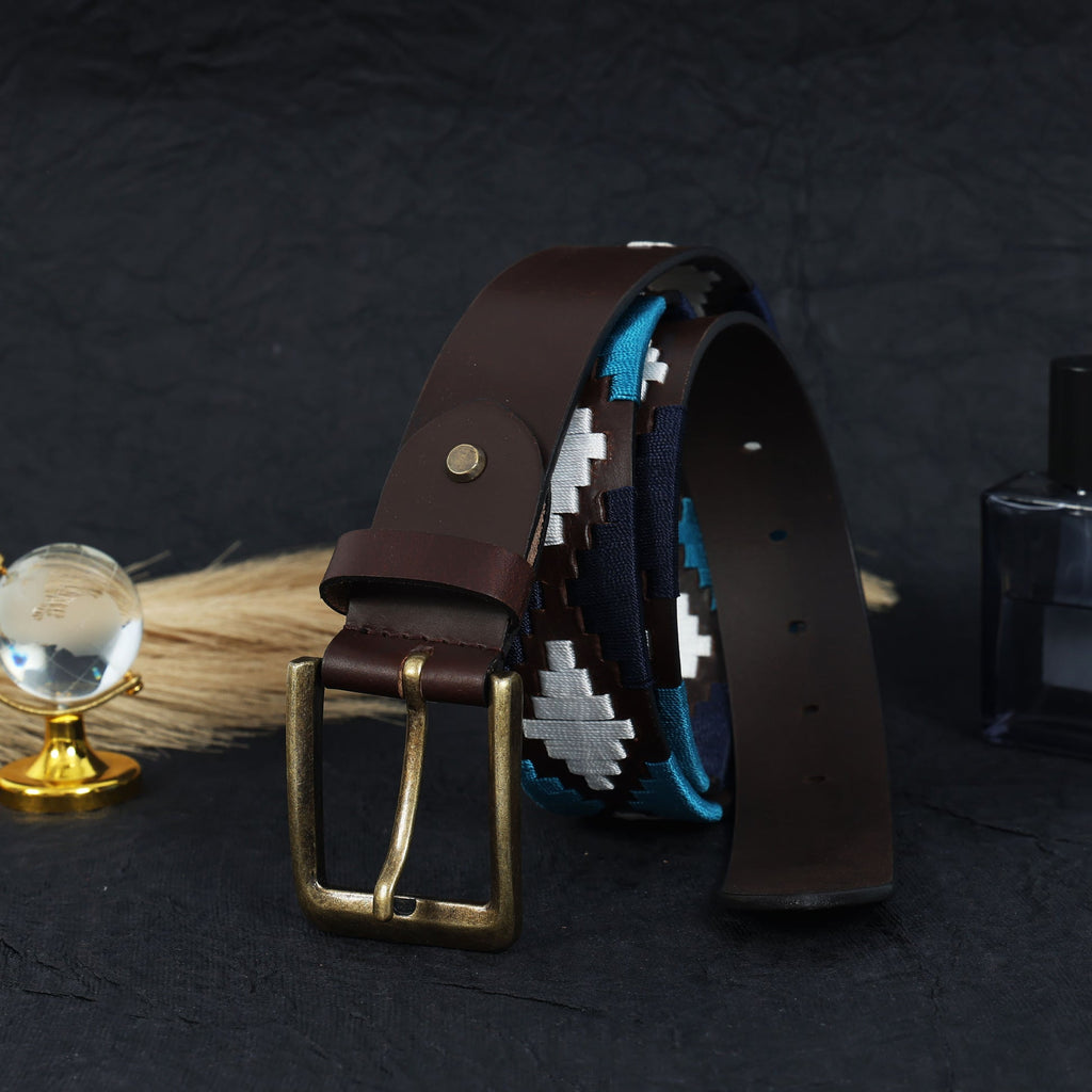 Premium Brown Leather Belt with Golden Buckle & Multi-Color Stitching.