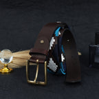 Premium Brown Leather Belt with Golden Buckle & Multi-Color Stitching.