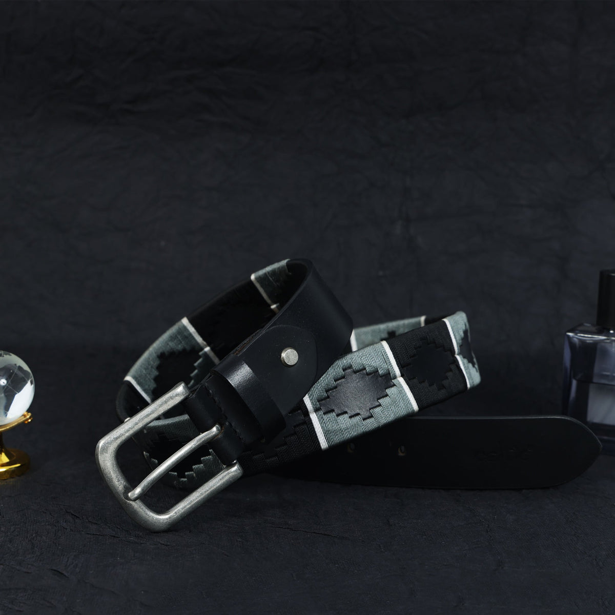 Unisex Handcrafted Black Leather Belt With Geometric Woven Strap And Antique Metal Buckle