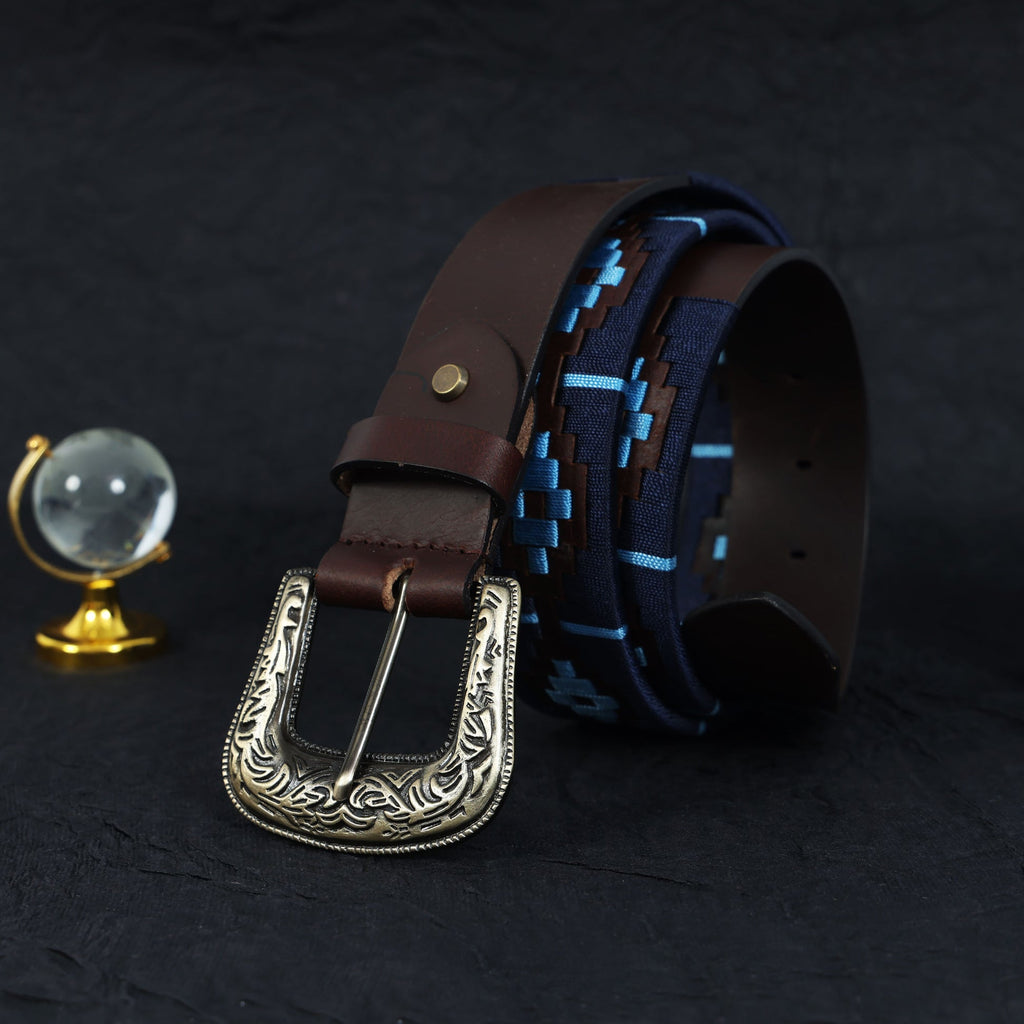 Unisex Handcrafted Leather Belt With Geometric Weave Antique Buckle Casual Wear Accessory.