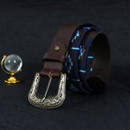 Unisex Handcrafted Leather Belt With Geometric Weave Antique Buckle Casual Wear Accessory.