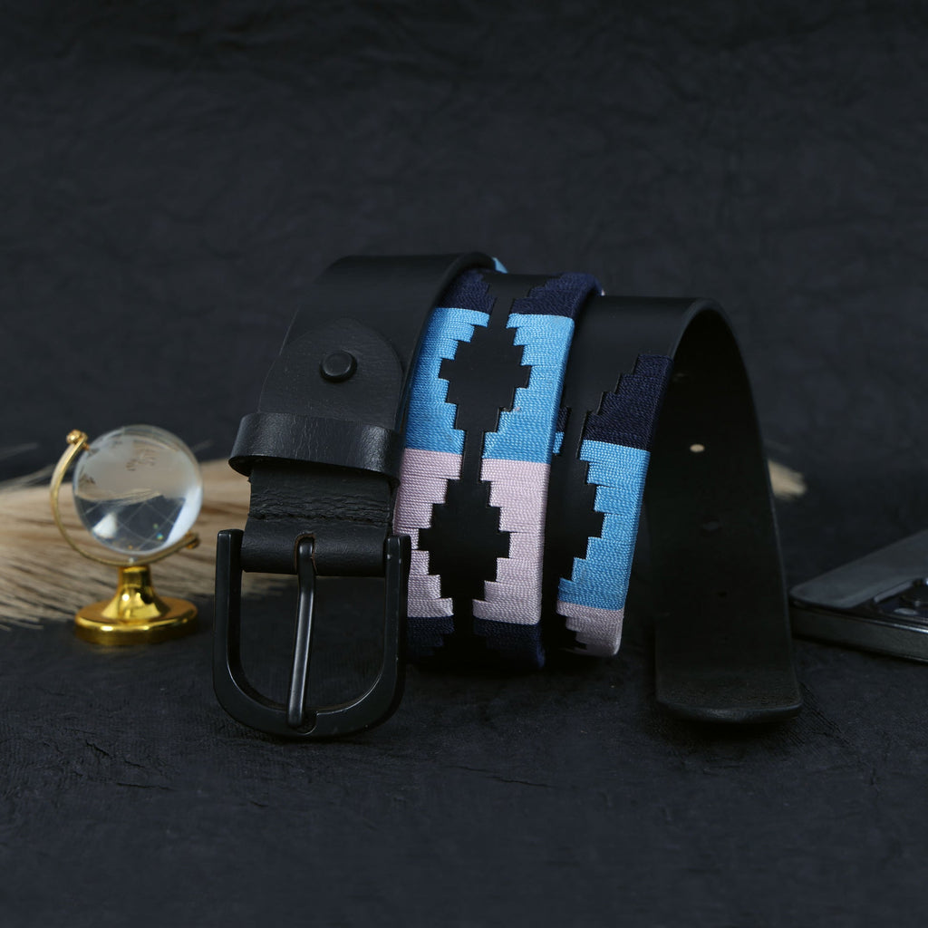 Unisex Handcrafted Leather Belt With Geometric Woven Fabric Accent And Vintage Metal Buckle