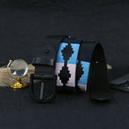 Unisex Handcrafted Leather Belt With Geometric Woven Fabric Accent And Vintage Metal Buckle
