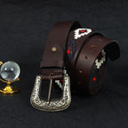 Unisex Handcrafted Ethnic Leather Belt With Geometric Fabric Inlay And Antique Metal Buckle