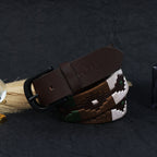 Unisex Handcrafted Genuine Leather Belt With Woven Ethnic Pattern And Matte Metal Buckle