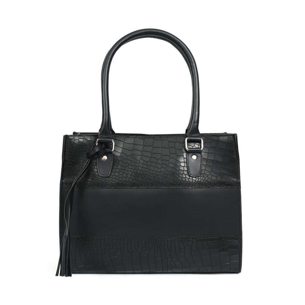 Premium Croc-Embossed Leather Tote with Dual Handles, Zip Closure & Detachable Strap
