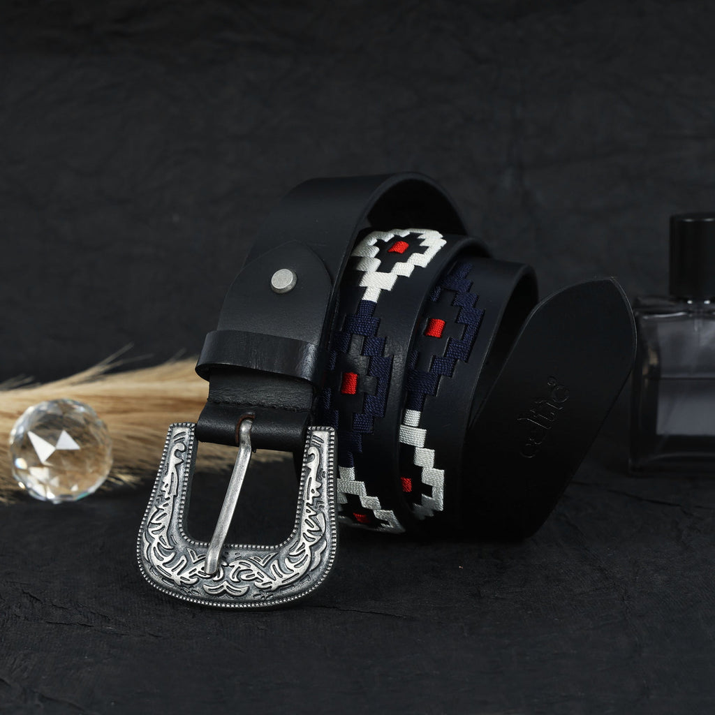 Unisex Handcrafted Black Leather Belt Aztec Pattern Antique Buckle Premium Artisan Accessory
