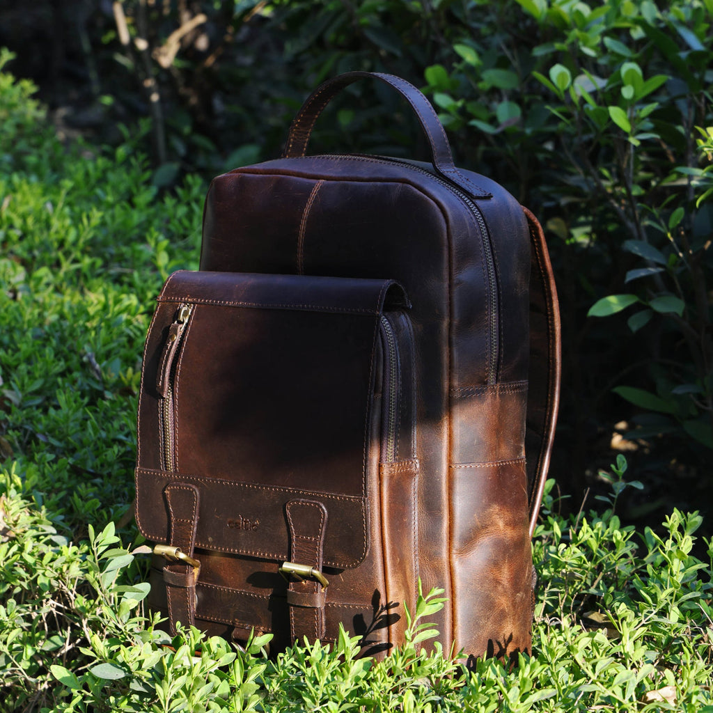 Premium Full-Grain Leather Backpack with Front Zip Pocket & Padded Shoulder Straps