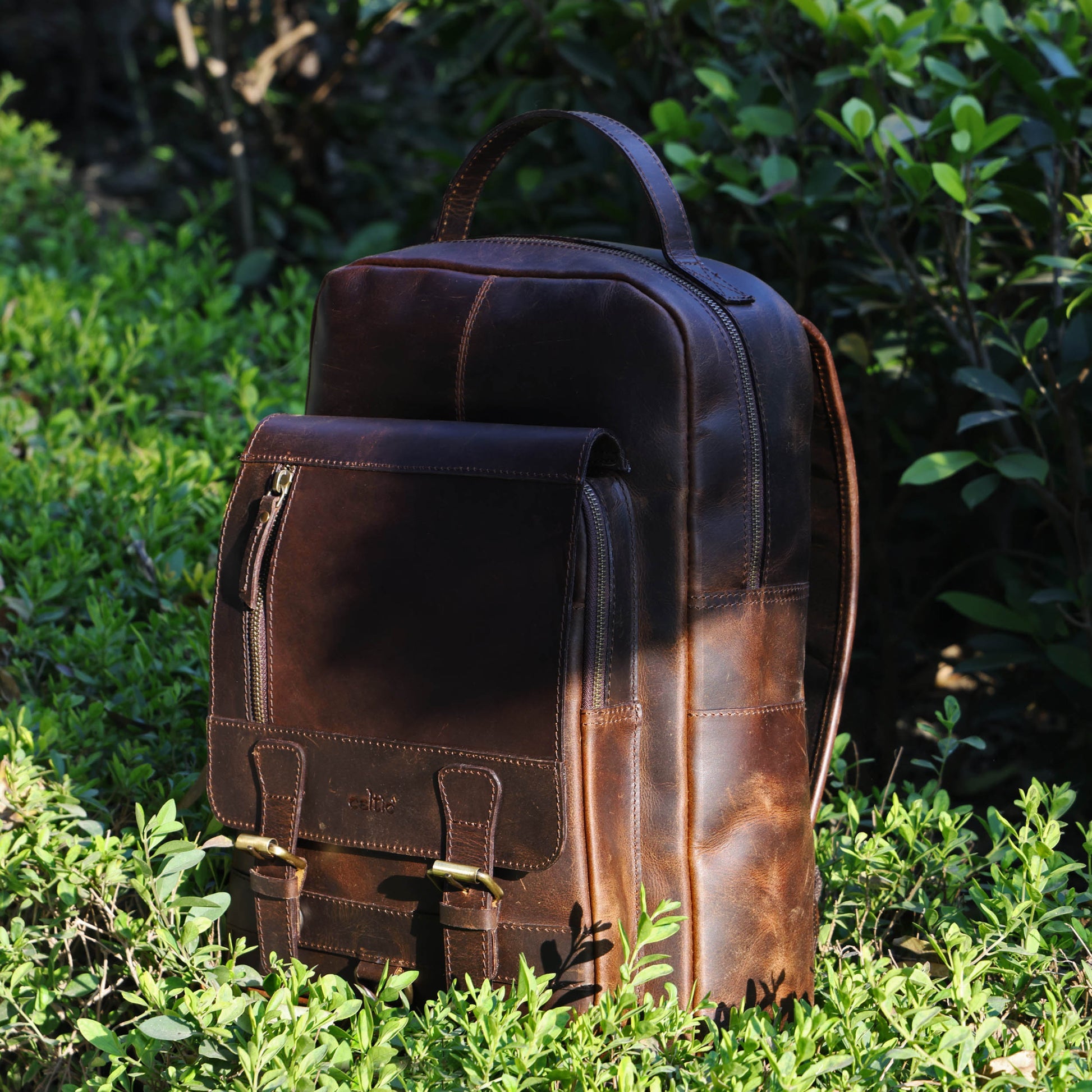 Premium Full-Grain Leather Backpack with Front Zip Pocket & Padded Shoulder Straps