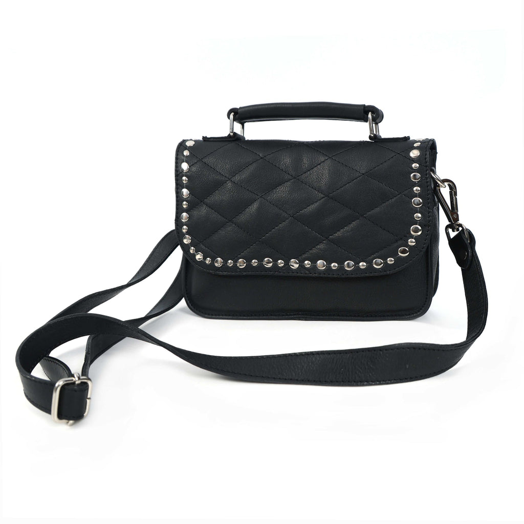 Premium  Quilted Leather Crossbody Bag with Stud Detail, Zip Pocket & Detachable Strap