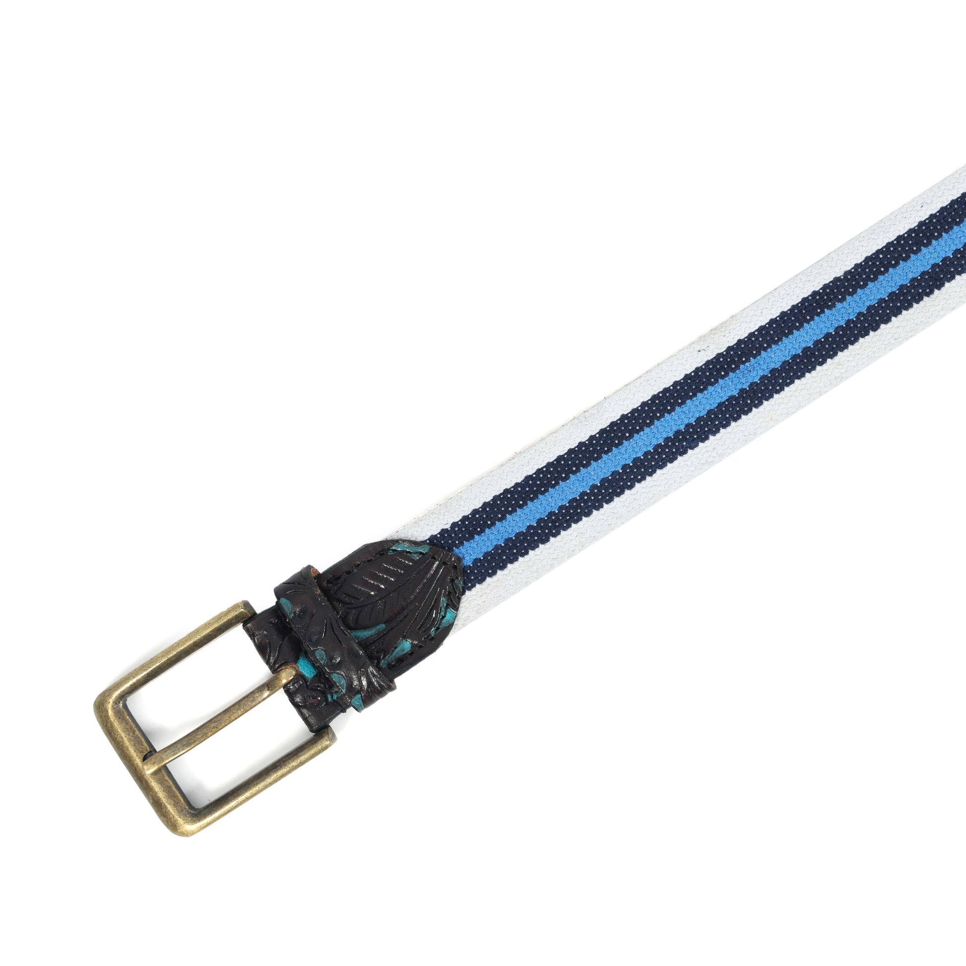 Unisex Genuine Leather Floral Embossed Canvas Blue White Waist Accessory Brass Buckle