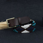 Unisex Handcrafted Woven Leather Belt With Geometric Pattern And Antique Buckle Design