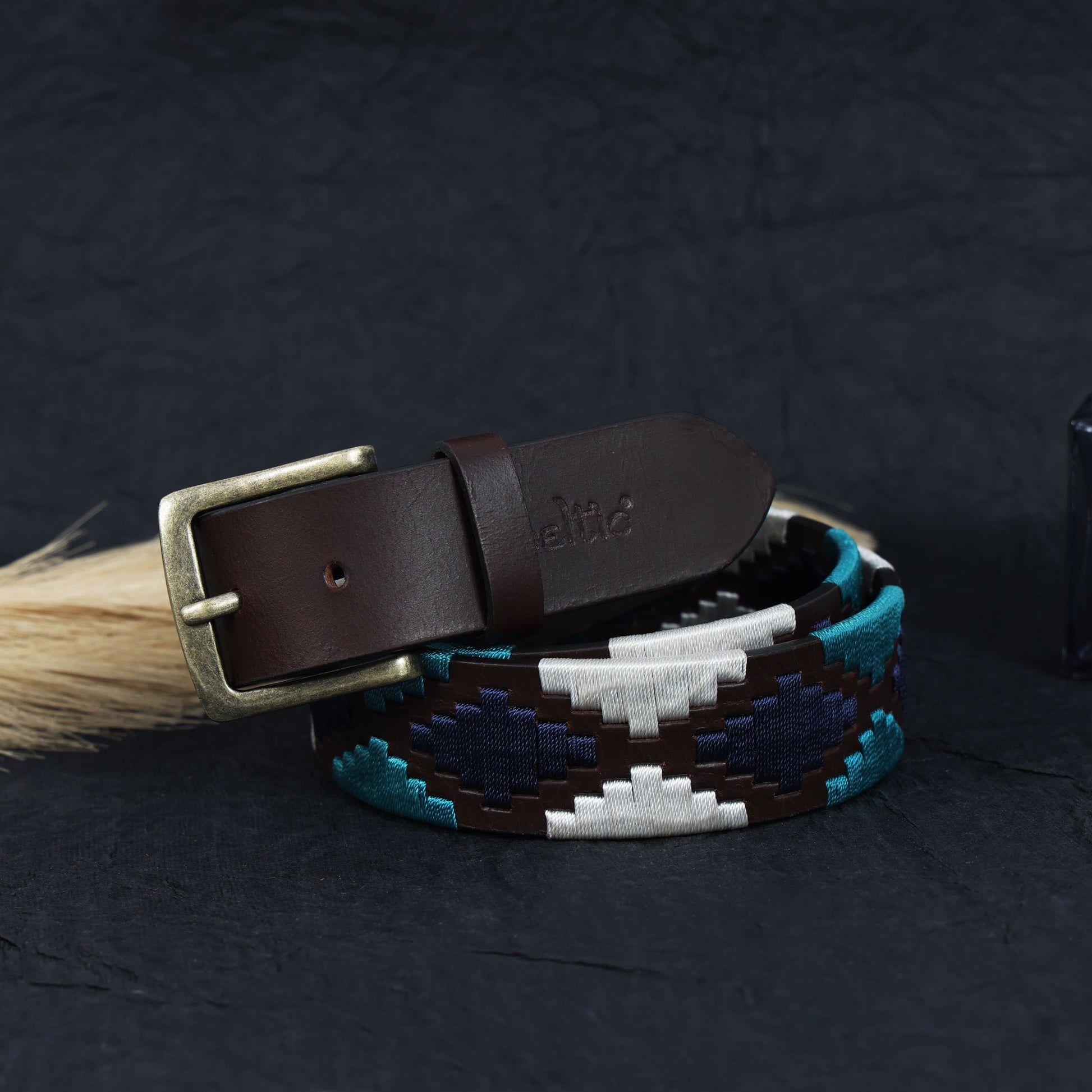 Unisex Handcrafted Woven Leather Belt With Geometric Pattern And Antique Buckle Design