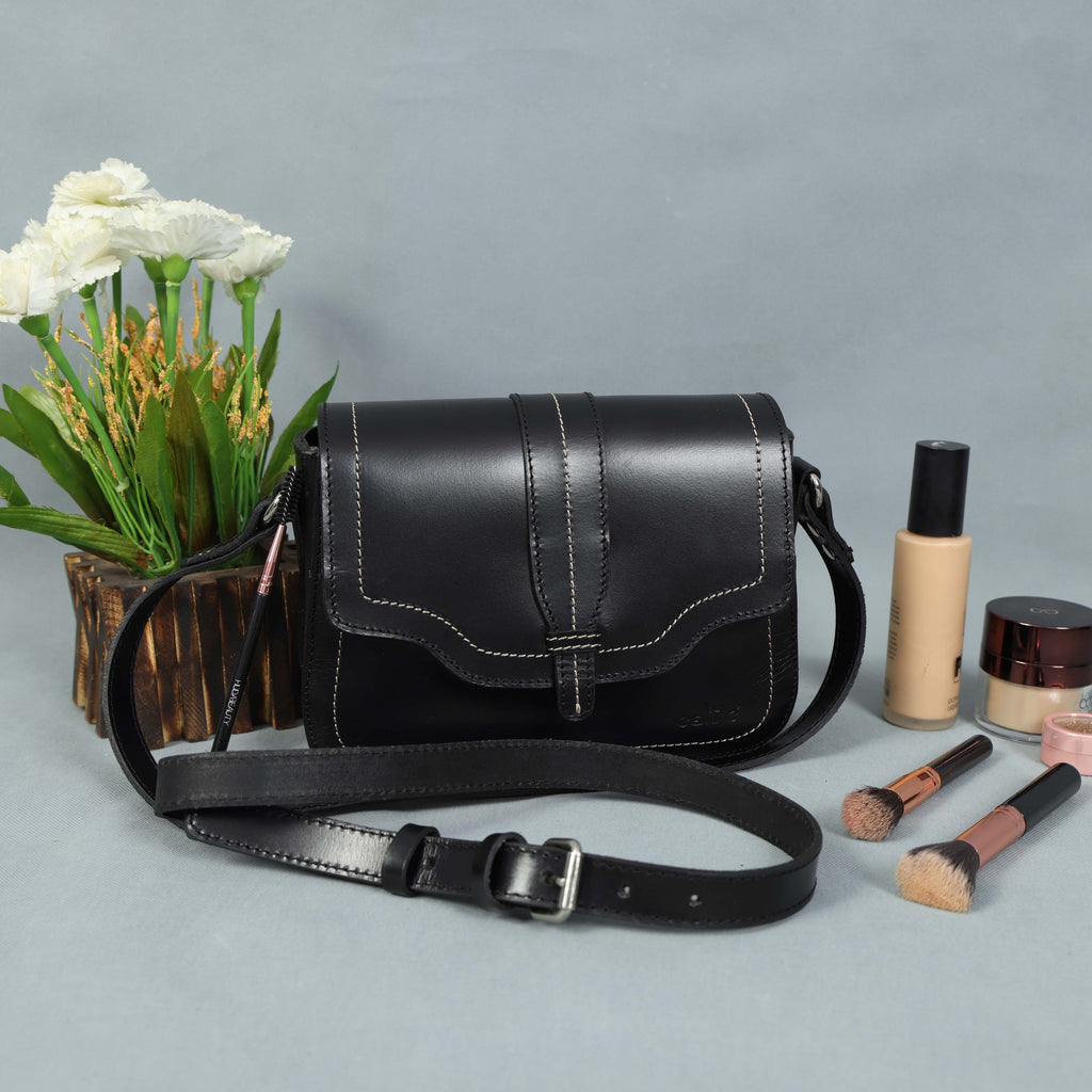 Structured Genuine Leather Crossbody Bag with Front Flap &  White Stitch Detailing