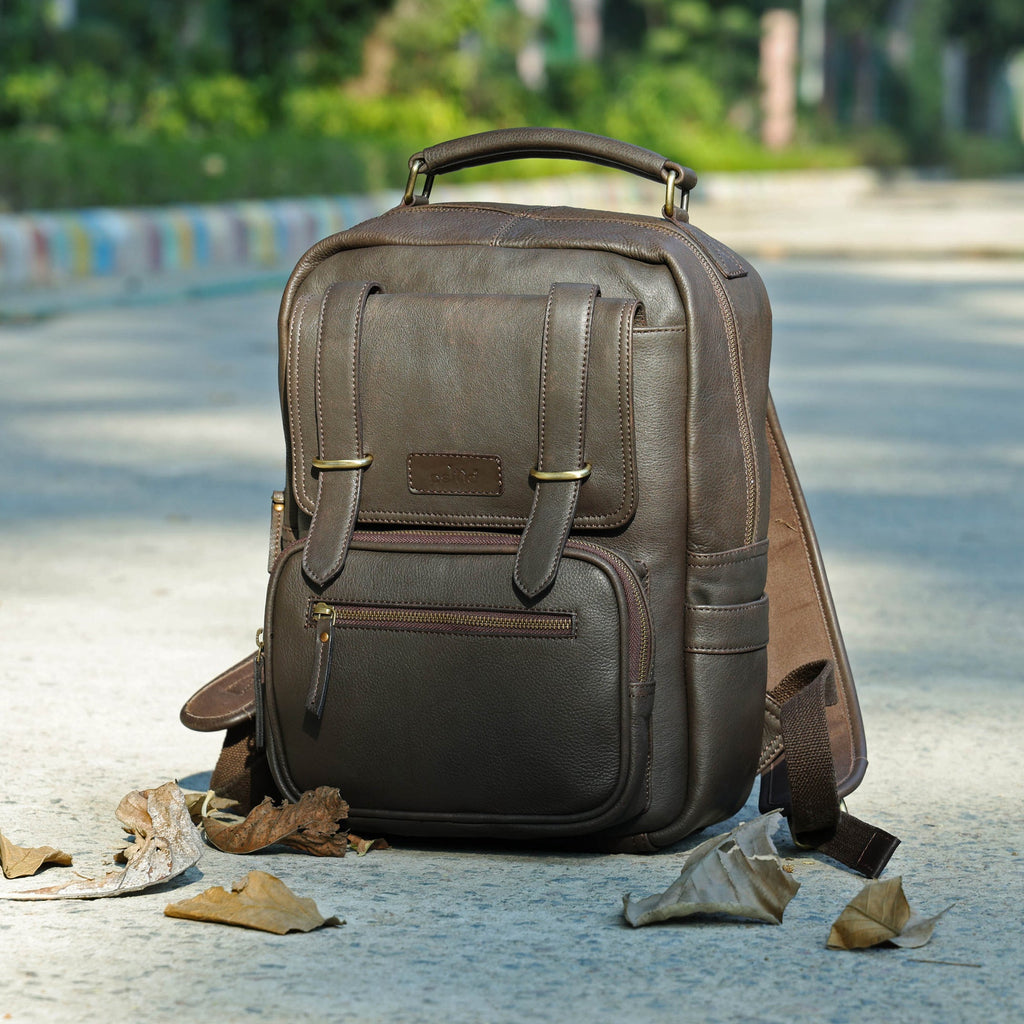 Premium Full-Grain Leather Backpack with Laptop Compartment & Multiple Zip Pockets