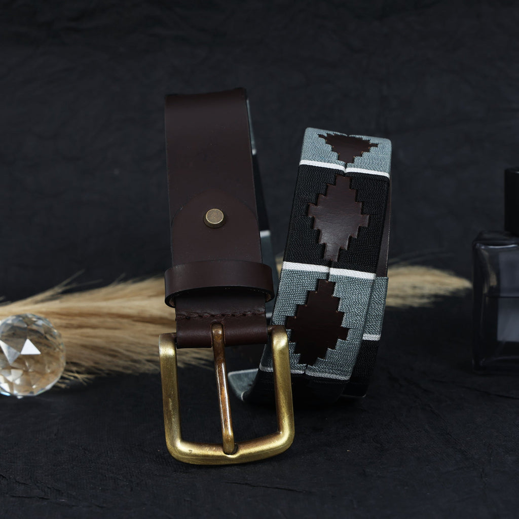 Unisex Handcrafted Brown Leather Belt With Grey Woven Inlay And Vintage Brass Buckle