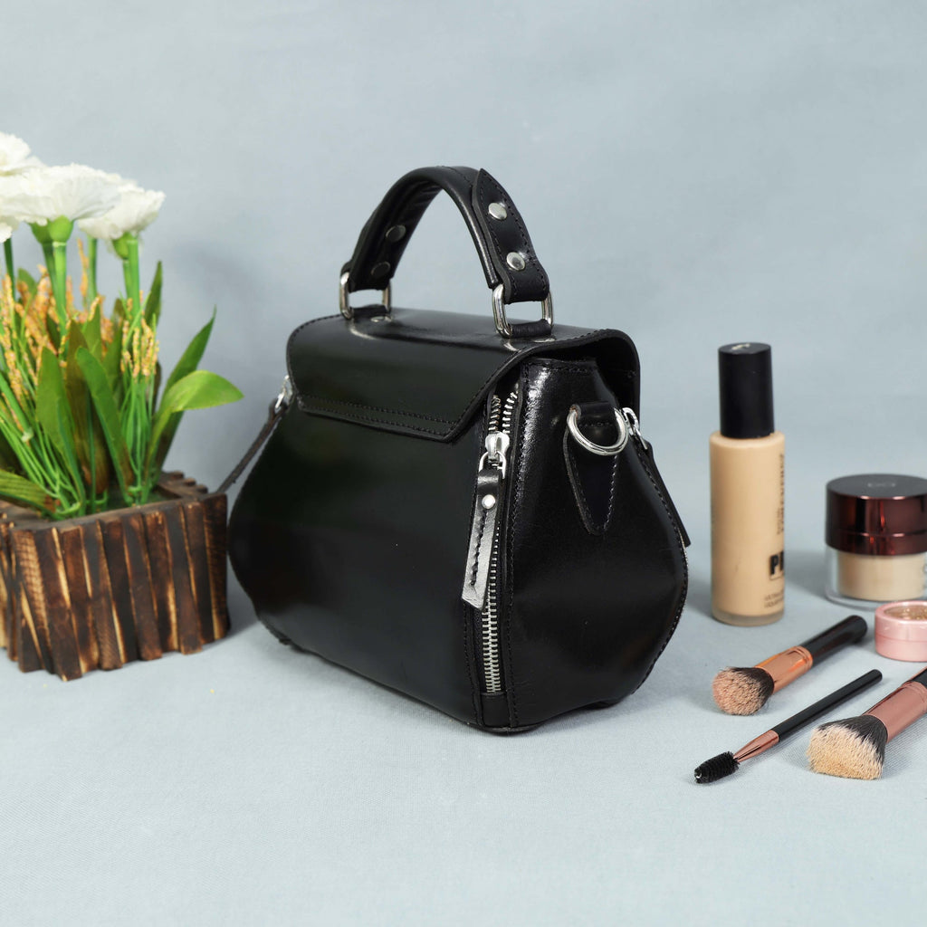 Premium Genuine Leather Top-Handle Handbag with Flap Closure & Zip Compartments