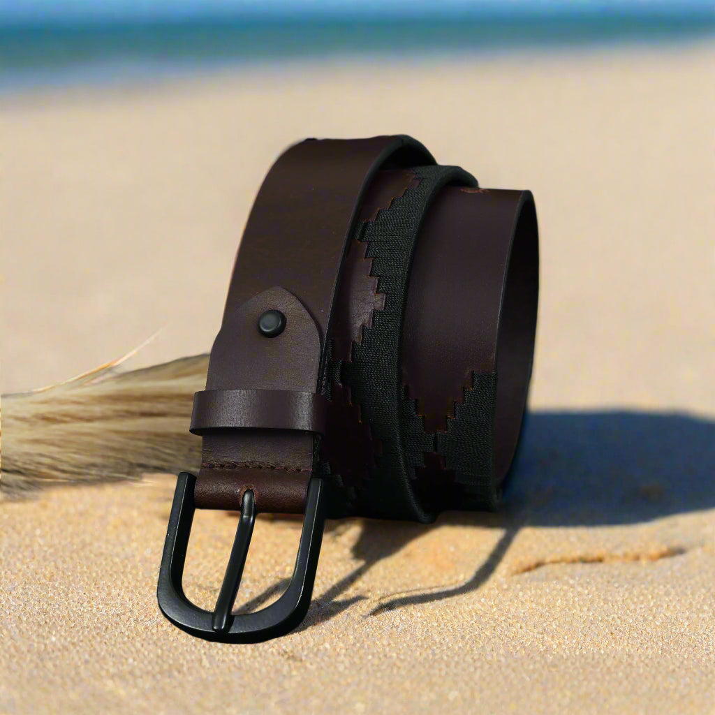 Unisex Handcrafted Leather Fabric Belt With Geometric Pattern Matte Black Buckle.